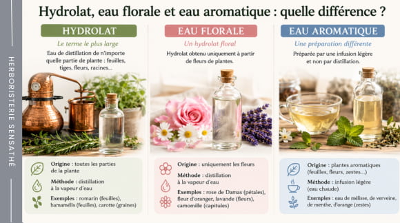 Infographie expliquant la différence entre hydrolat, eau florale et eau aromatique - Herboristerie Sensathé Infographie expliquant la différence entre hydrolat, eau florale et eau aromatique - Herboristerie Sensathé